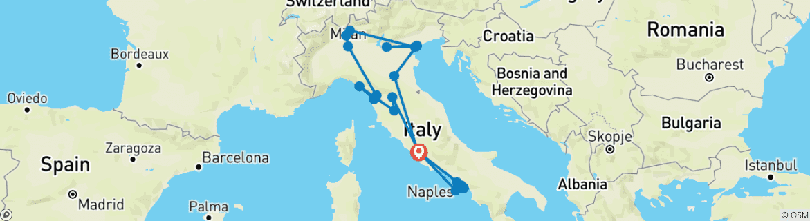 Image of a map showing the route of the tour