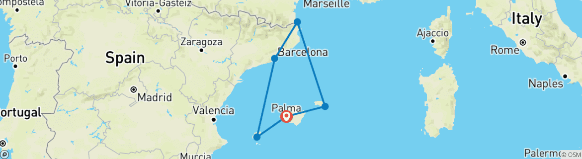 Image of a map showing the route of the tour