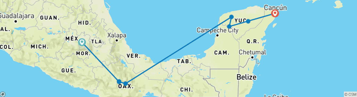 Image of a map showing the route of the tour