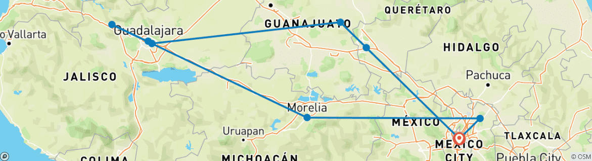 Image of a map showing the route of the tour