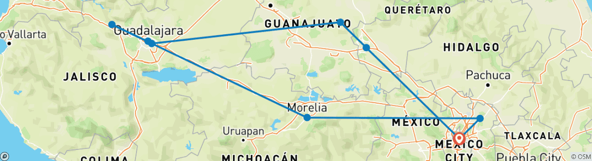 Image of a map showing the route of the tour