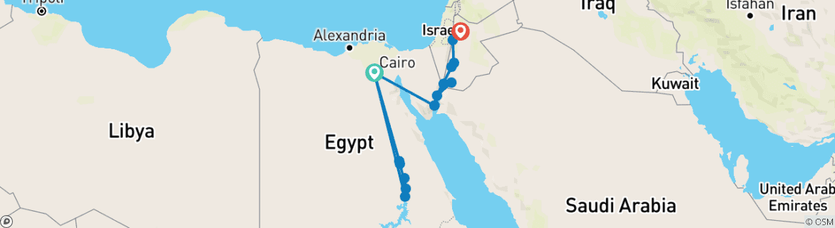 Image of a map showing the route of the tour