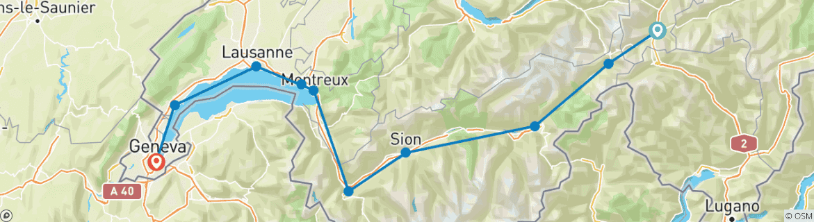 Image of a map showing the route of the tour