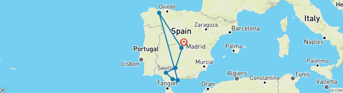 Image of a map showing the route of the tour
