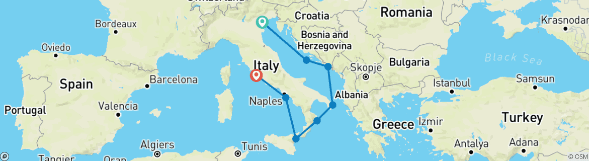 Image of a map showing the route of the tour