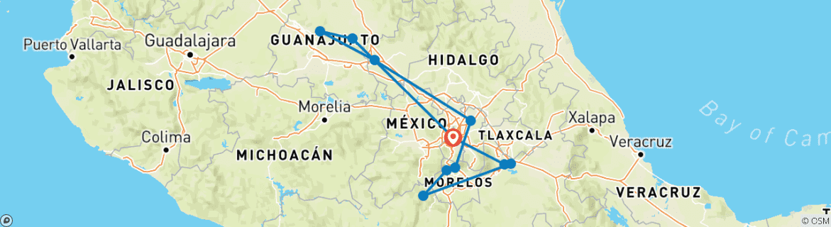 Image of a map showing the route of the tour