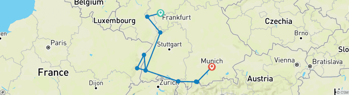 Image of a map showing the route of the tour