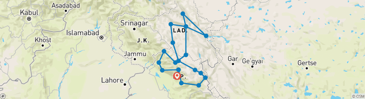 Image of a map showing the route of the tour