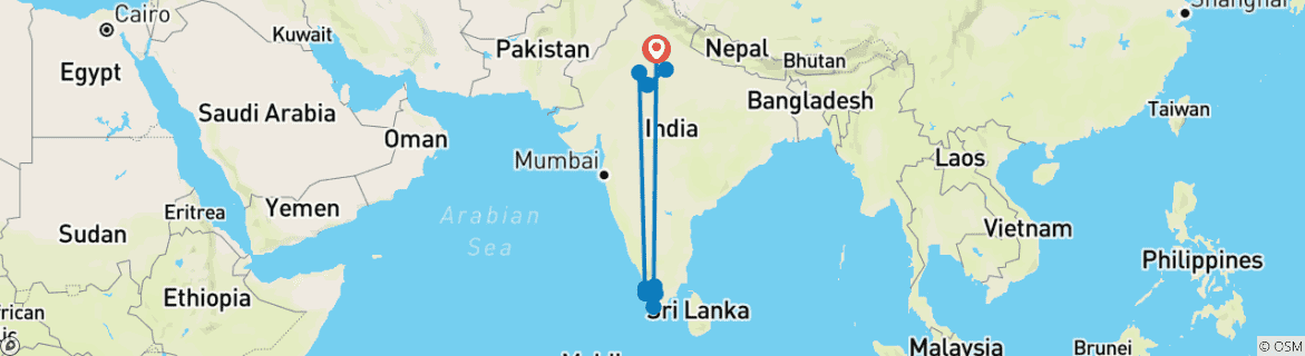 Image of a map showing the route of the tour