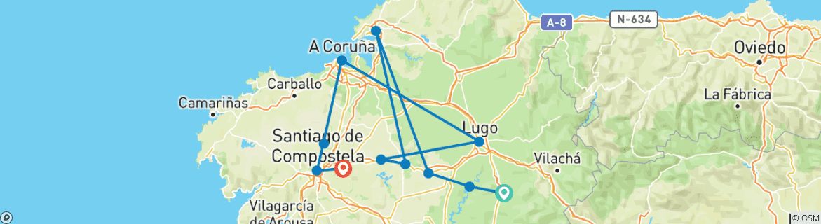 Image of a map showing the route of the tour