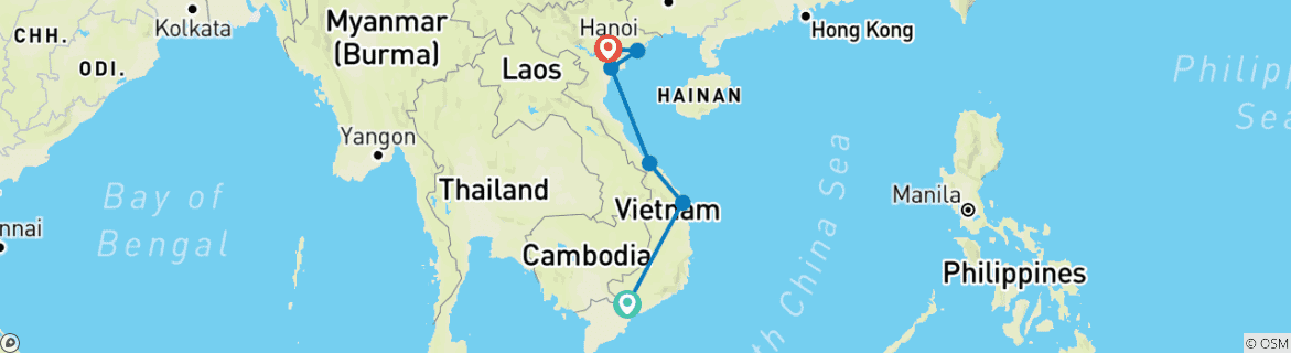 Image of a map showing the route of the tour