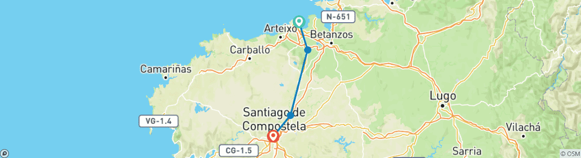 Image of a map showing the route of the tour