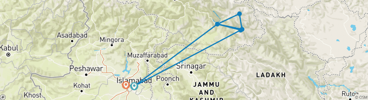Image of a map showing the route of the tour