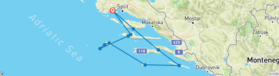 Image of a map showing the route of the tour