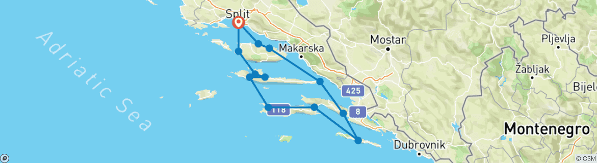 Image of a map showing the route of the tour