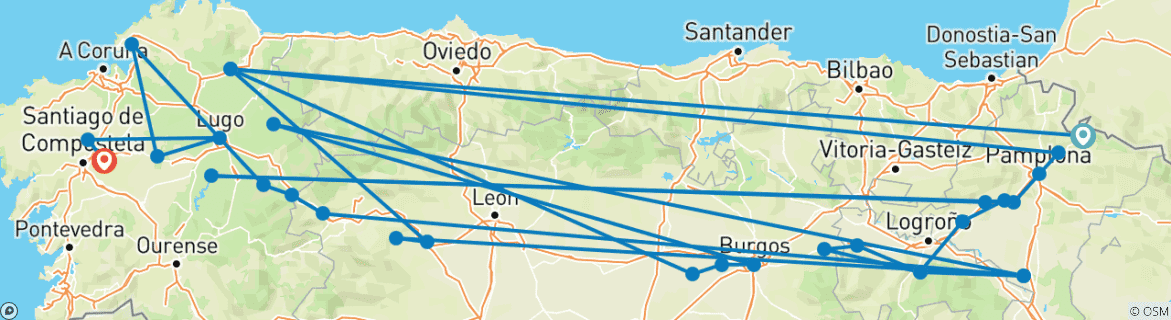 Carte du circuit Chemin de Saint-Jacques français de Roncevaux à Saint-Jacques (40 jours)