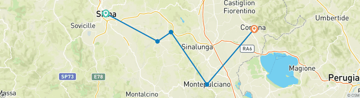 Image of a map showing the route of the tour