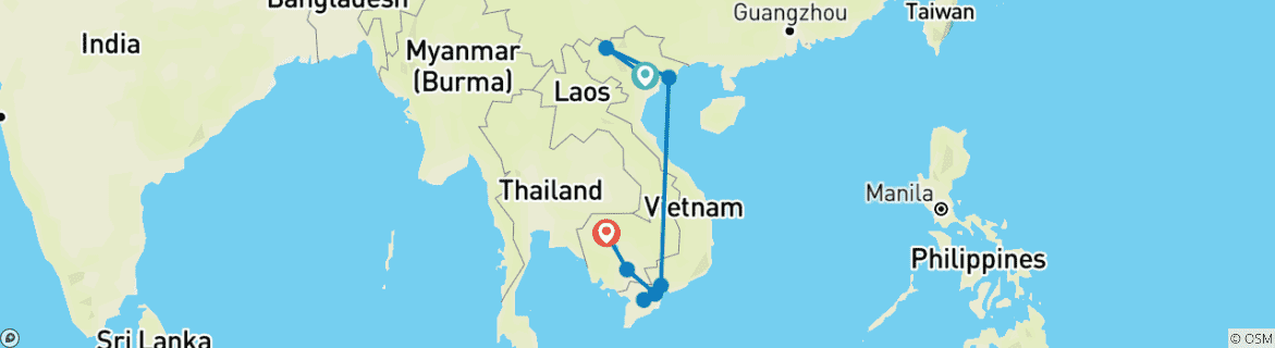 Image of a map showing the route of the tour