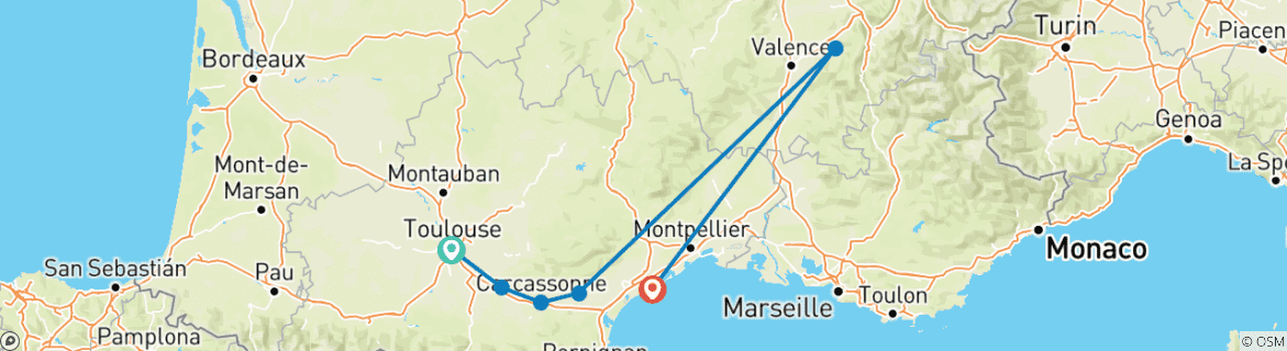 Image of a map showing the route of the tour