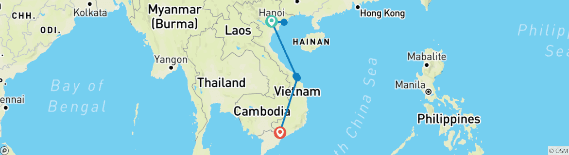 Image of a map showing the route of the tour