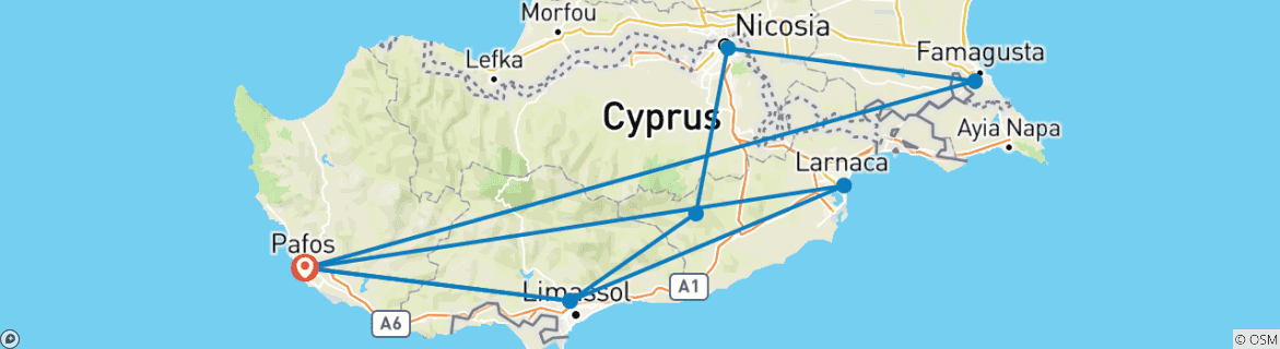 Image of a map showing the route of the tour