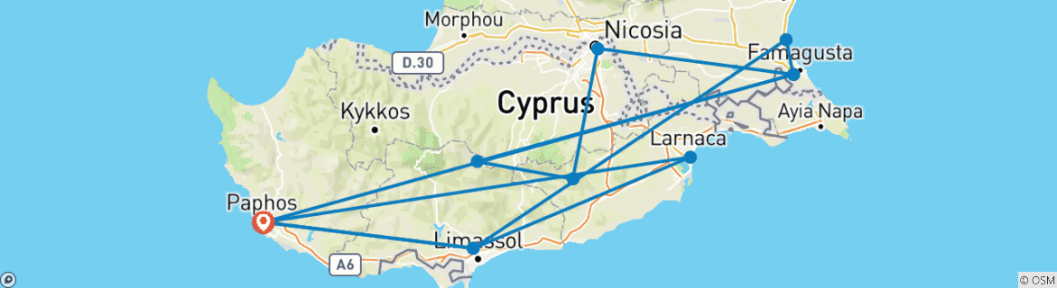 Image of a map showing the route of the tour