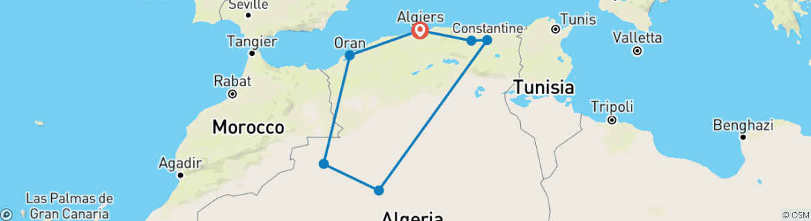 Image of a map showing the route of the tour
