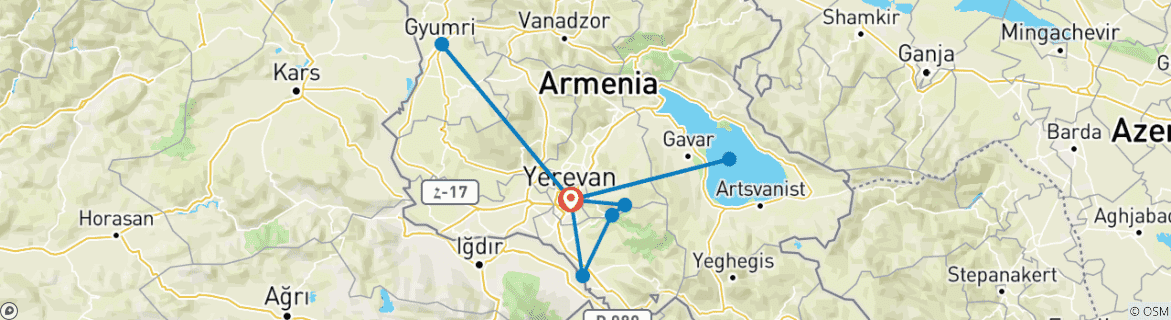 Image of a map showing the route of the tour