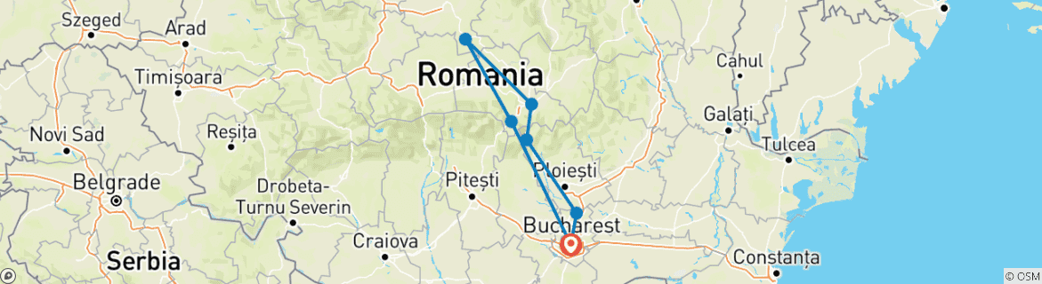 Image of a map showing the route of the tour