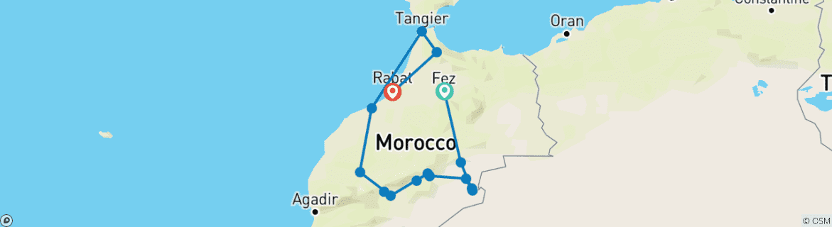 Image of a map showing the route of the tour