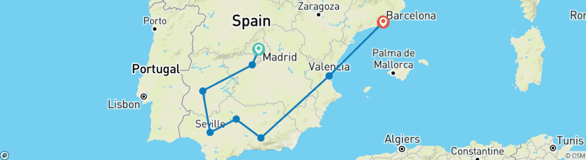 Image of a map showing the route of the tour