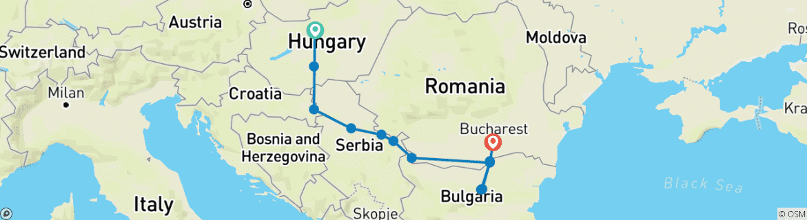 Image of a map showing the route of the tour