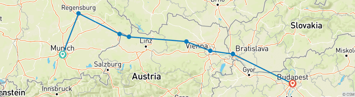 Image of a map showing the route of the tour