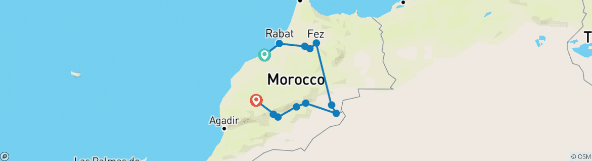 Image of a map showing the route of the tour