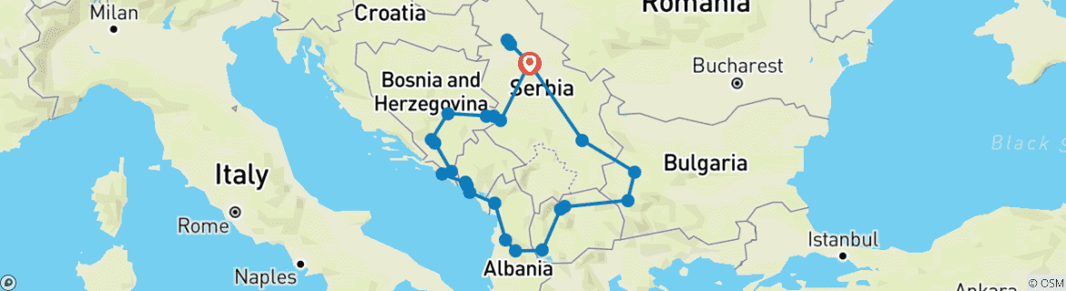 Image of a map showing the route of the tour