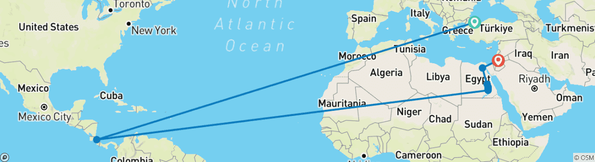 Image of a map showing the route of the tour