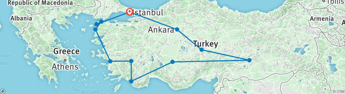 Image of a map showing the route of the tour