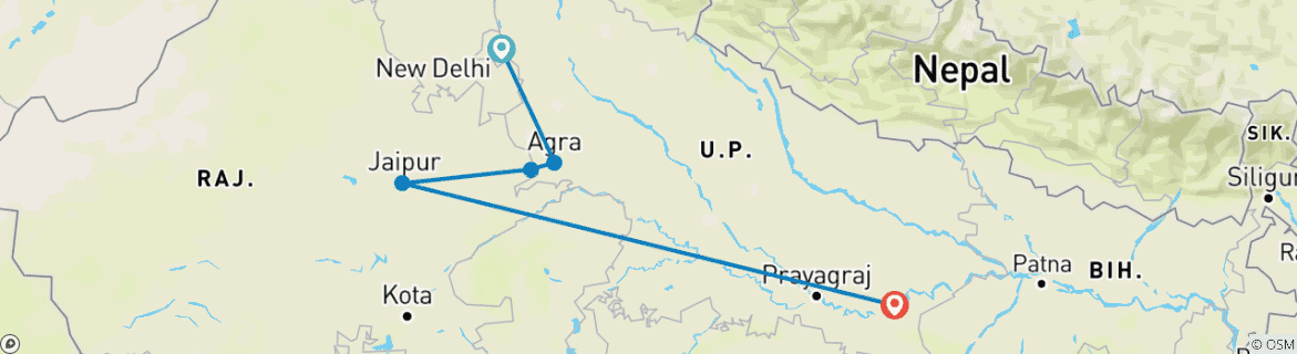 Carte du circuit Depuis Delhi : 07 jours de visite du Triangle d'Or avec Varanasi !