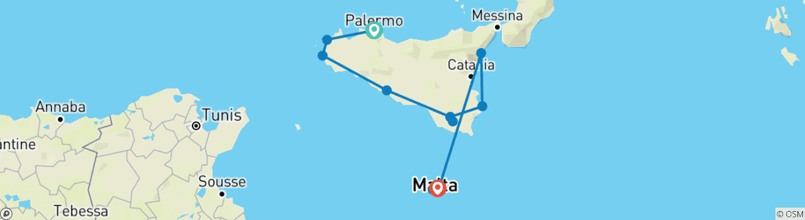 Image of a map showing the route of the tour