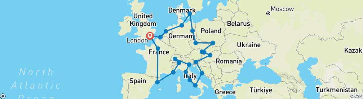 Image of a map showing the route of the tour