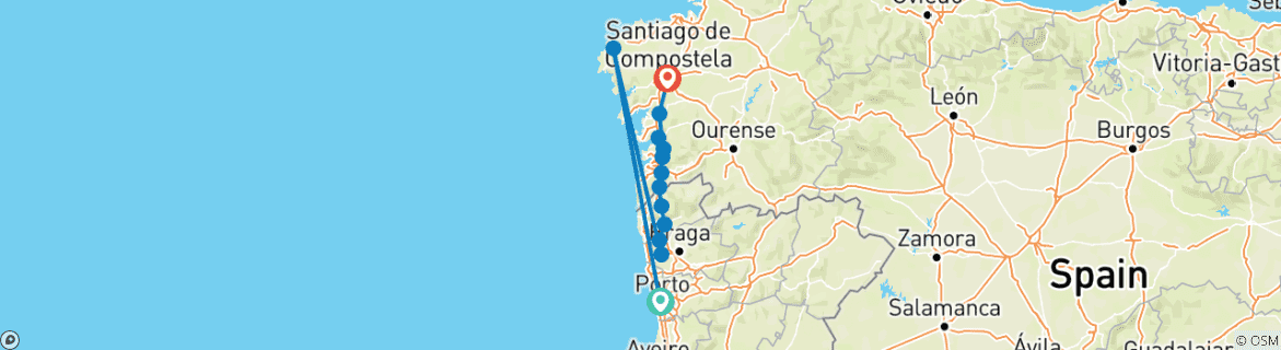 Image of a map showing the route of the tour