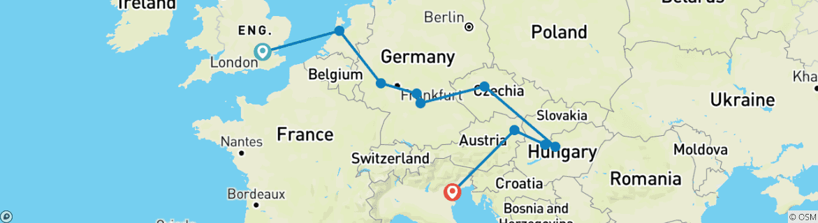 Image of a map showing the route of the tour
