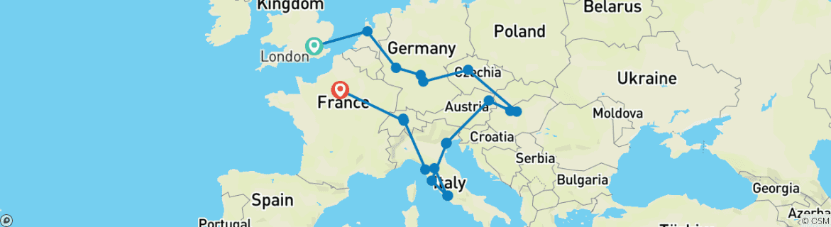 Image of a map showing the route of the tour