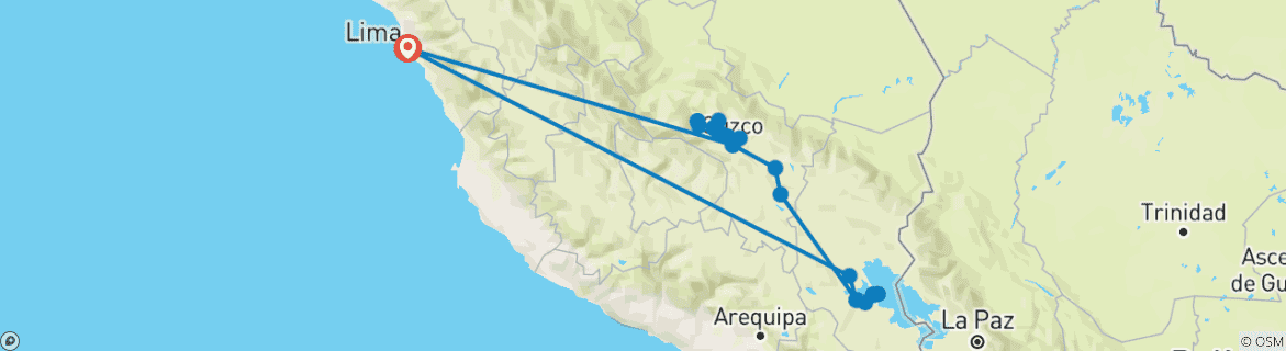 Image of a map showing the route of the tour