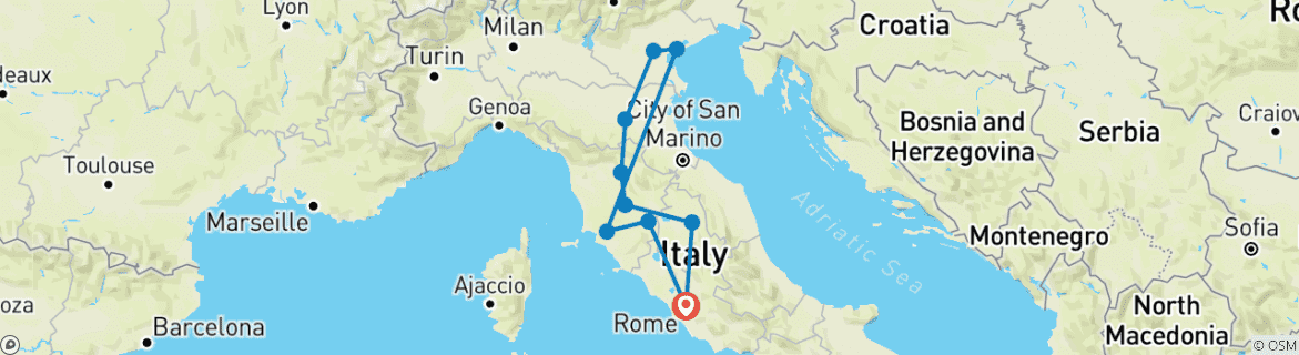 Image of a map showing the route of the tour