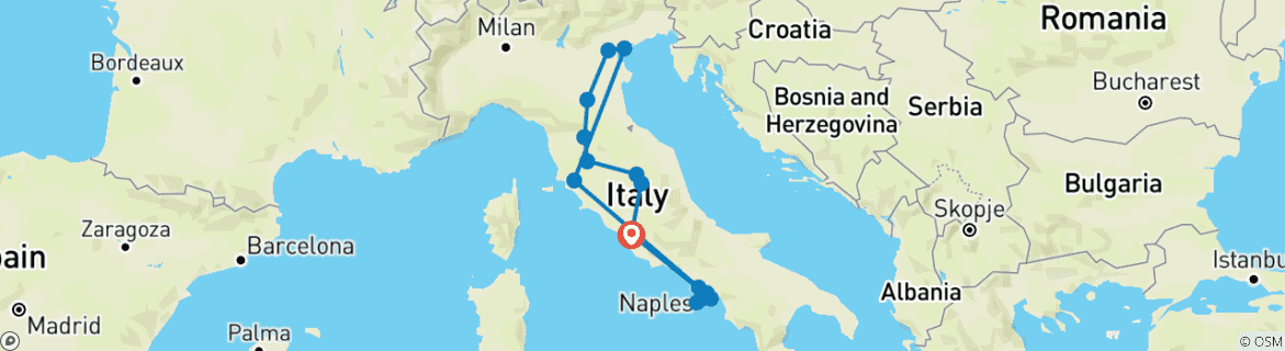 Image of a map showing the route of the tour