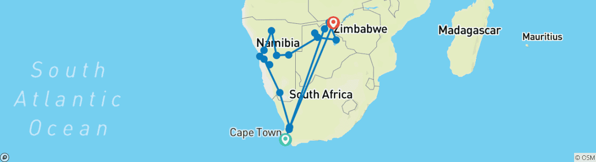 Image of a map showing the route of the tour