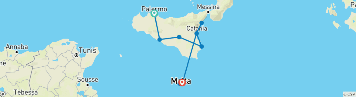 Image of a map showing the route of the tour