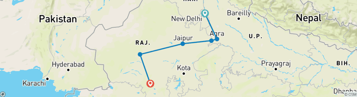 Image of a map showing the route of the tour