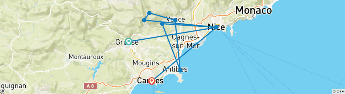 Image of a map showing the route of the tour